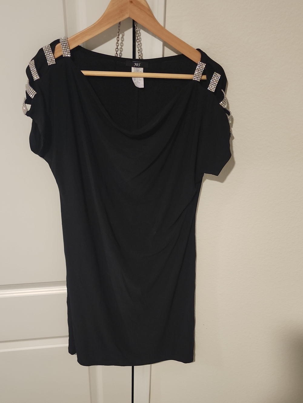 J.B.S. Black Mini Dress with Rhinestone-Embellished Shoulders